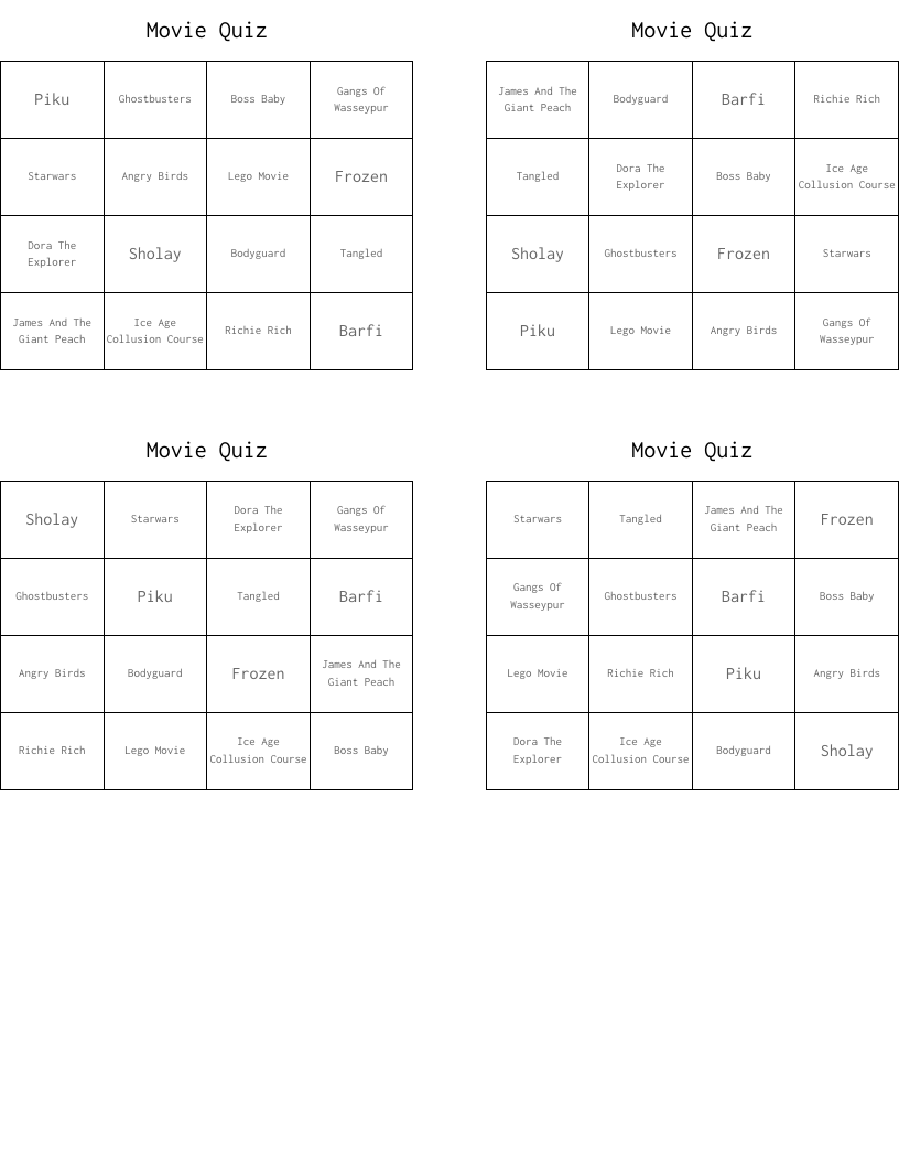 Movie Quiz Bingo Cards