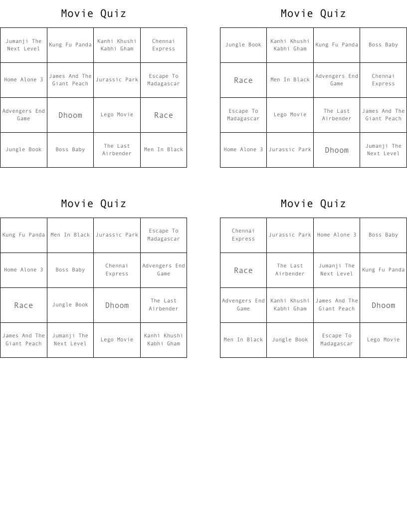Movie Quiz Bingo Cards