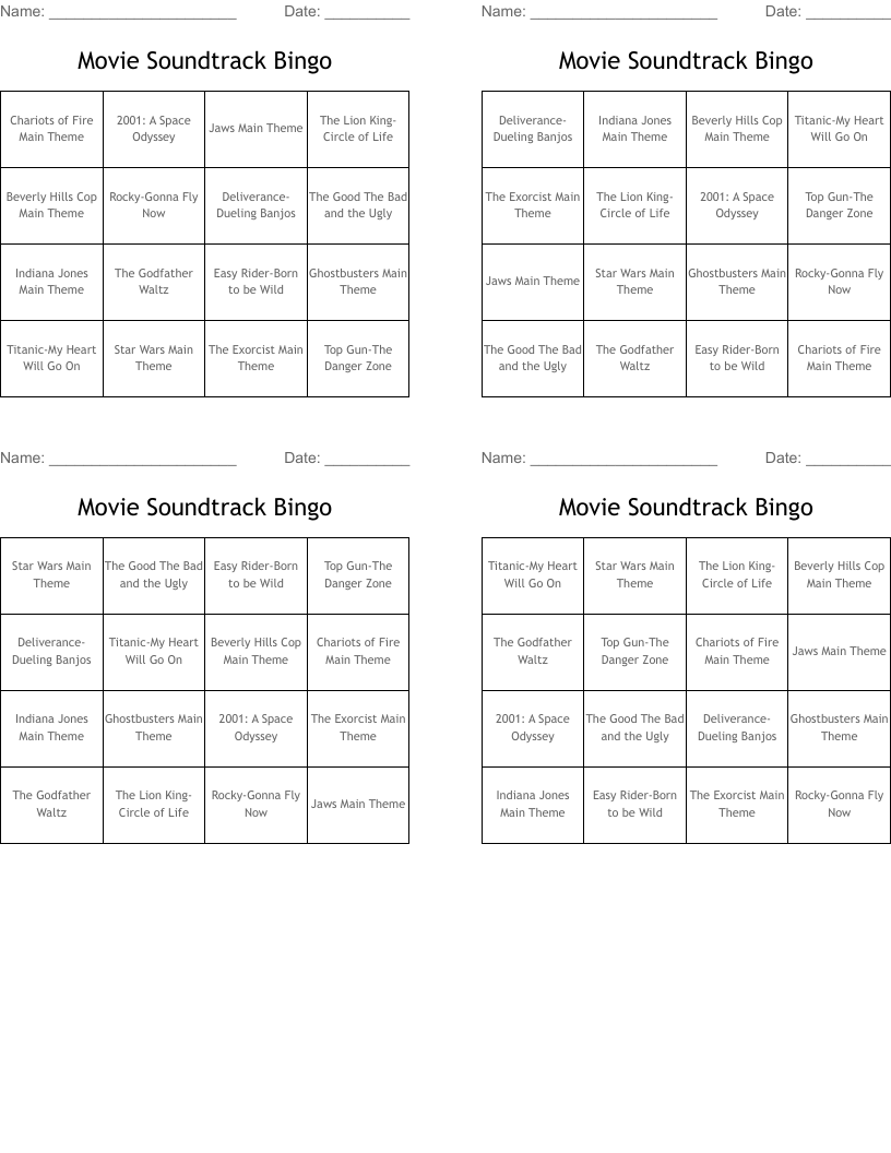 Movie Soundtrack Bingo