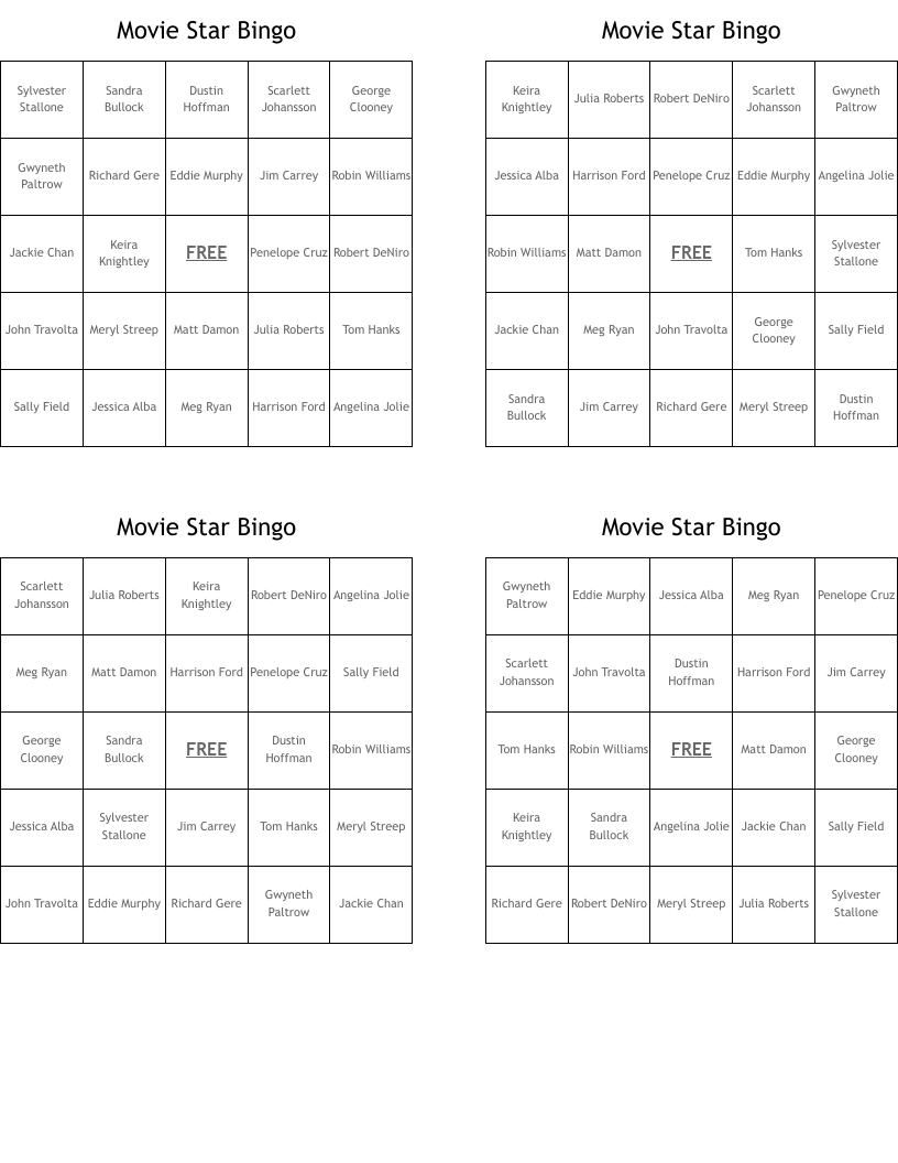 Movie Star Bingo