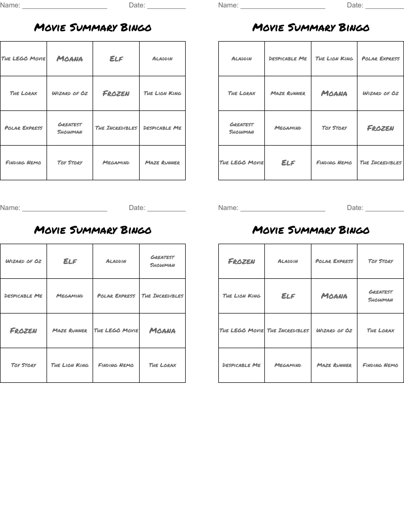 Movie Summary Bingo