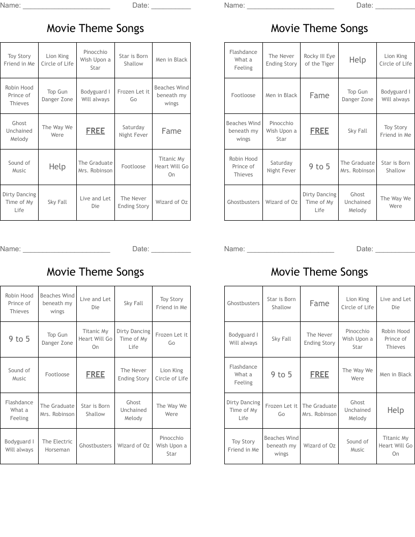 Movie Theme Songs Bingo Cards