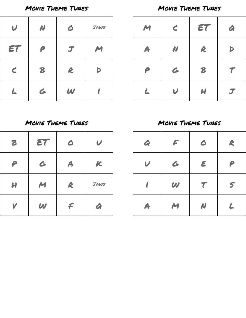 Movie Theme Tunes Bingo Cards