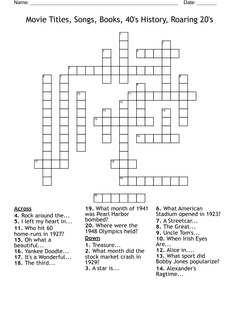 Movie Titles, Songs, Books, 40's History, Roaring 20's  Crossword