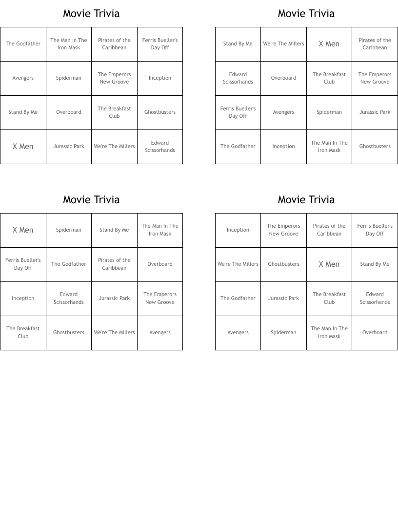 Movie Trivia Bingo Cards