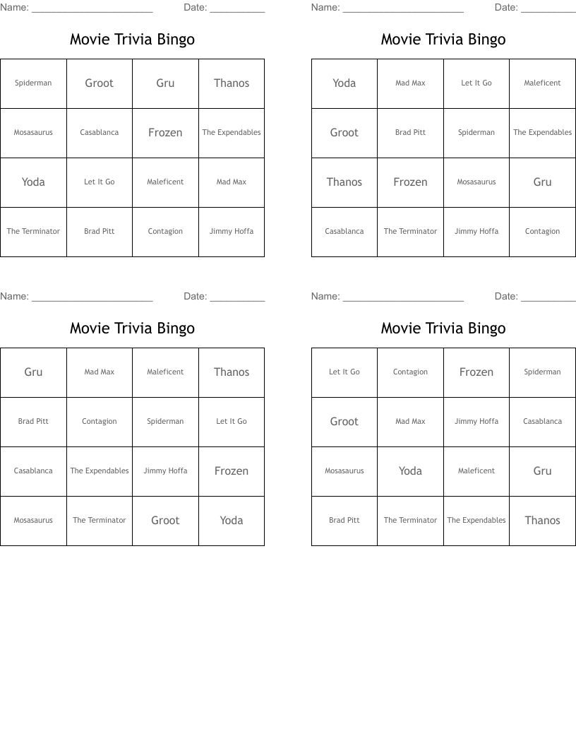 Movie Trivia Bingo