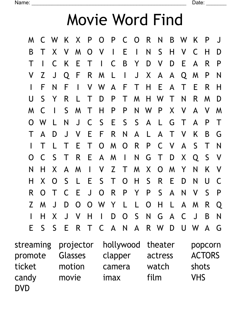 Movie Word Find Word Search