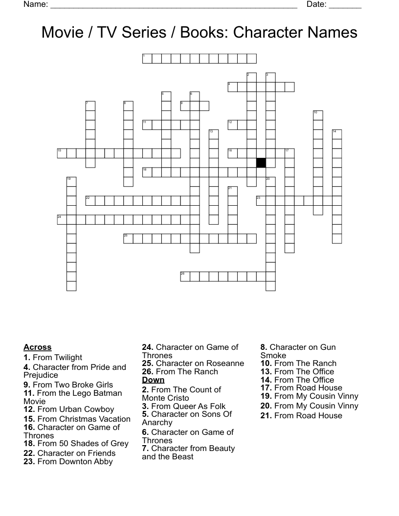 Movie / TV Series / Books: Character Names Crossword