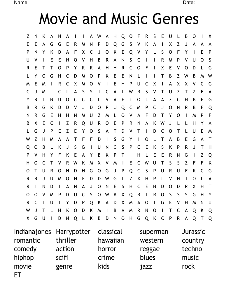 Movie and Music Genres Word Search