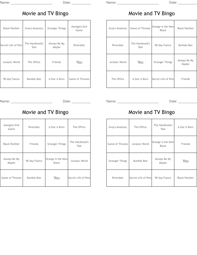 Movie and TV Bingo