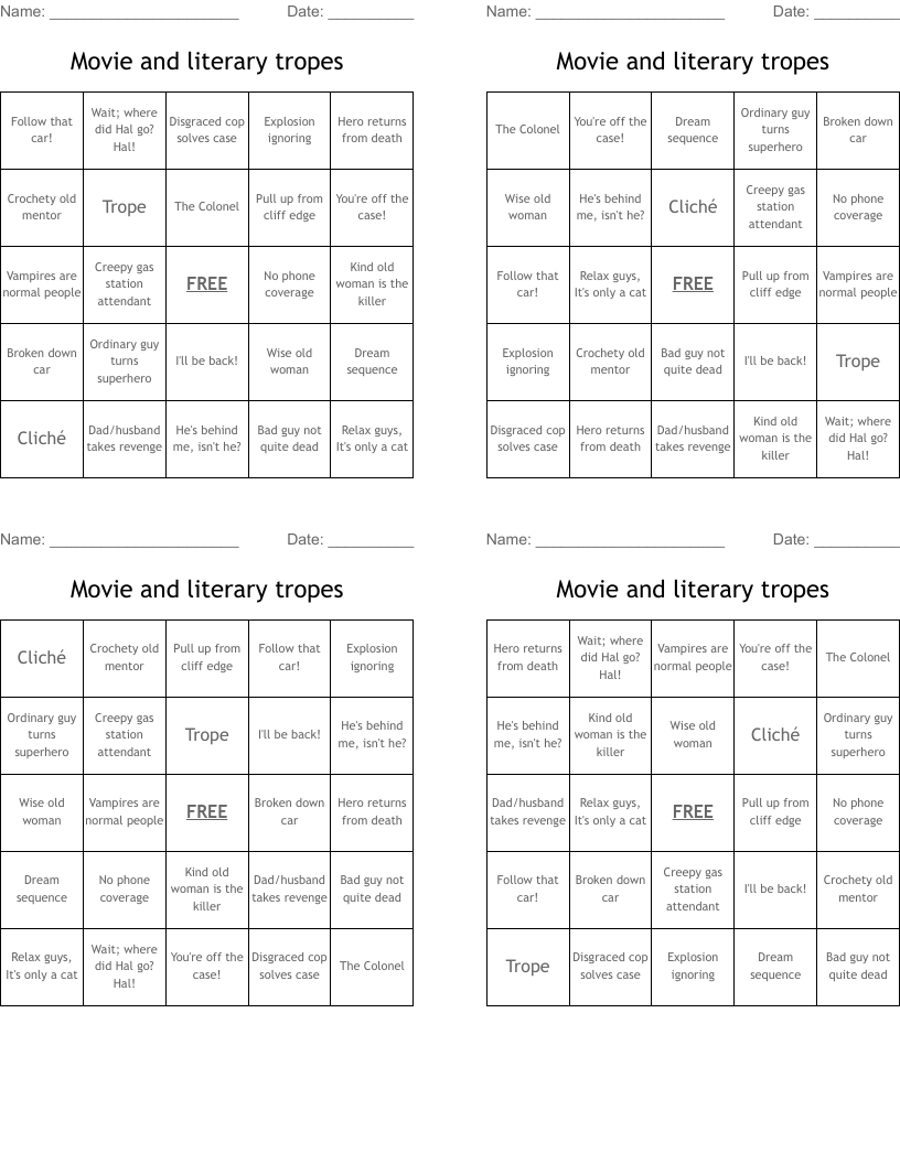 Movie and literary tropes Bingo Cards