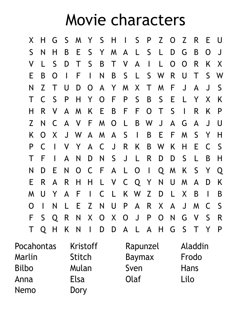 Movie characters Word Search