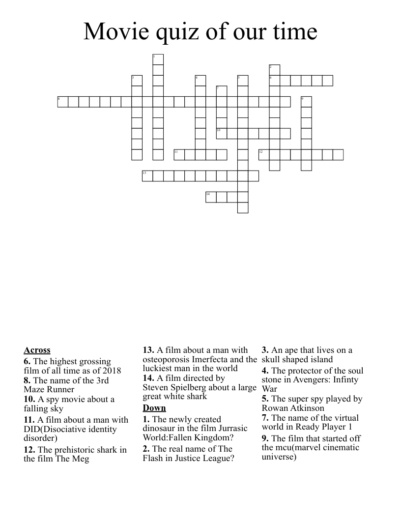 Movie quiz of our time Crossword