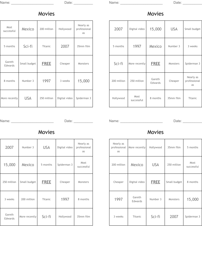Movies Bingo Cards