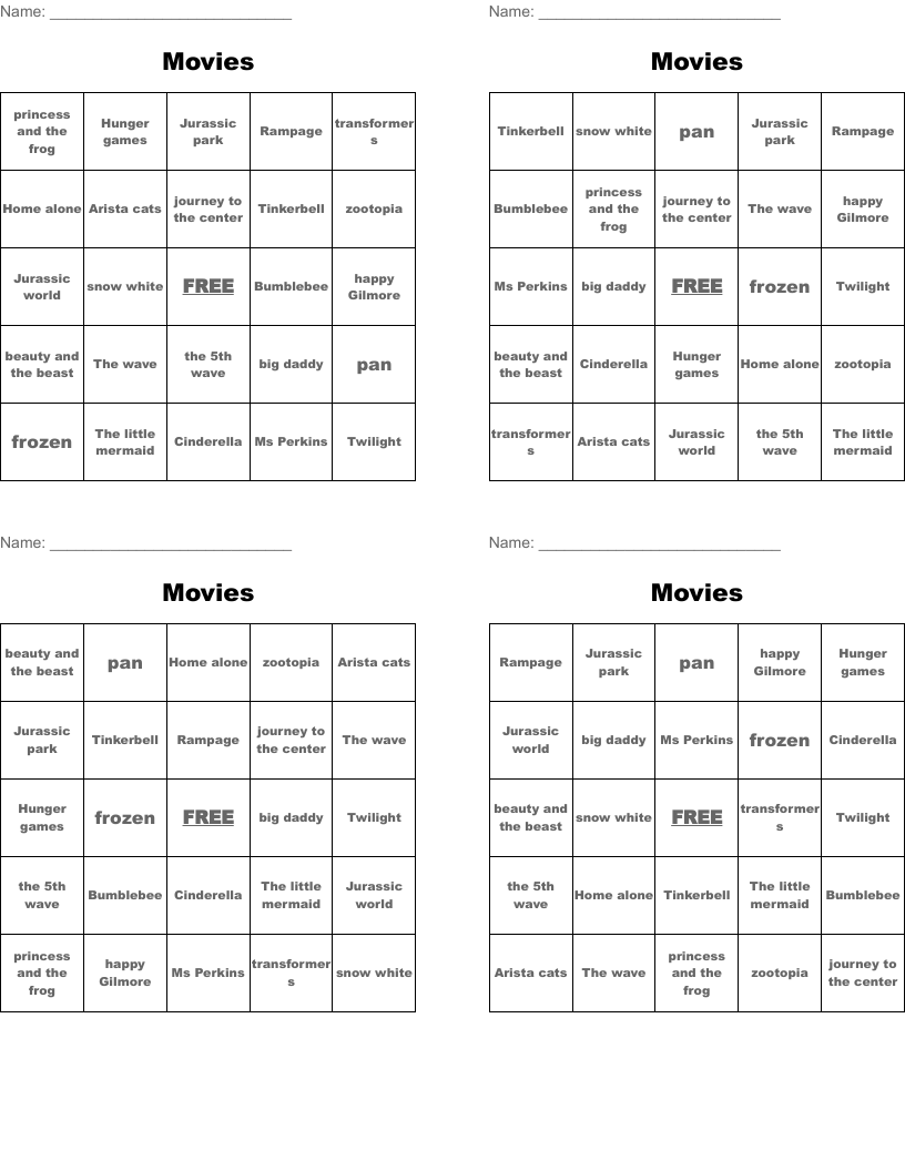 Movies Bingo Cards