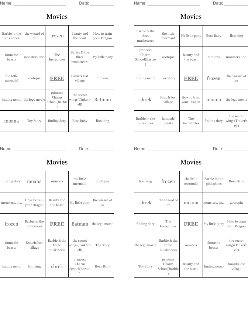 Movies Bingo Cards