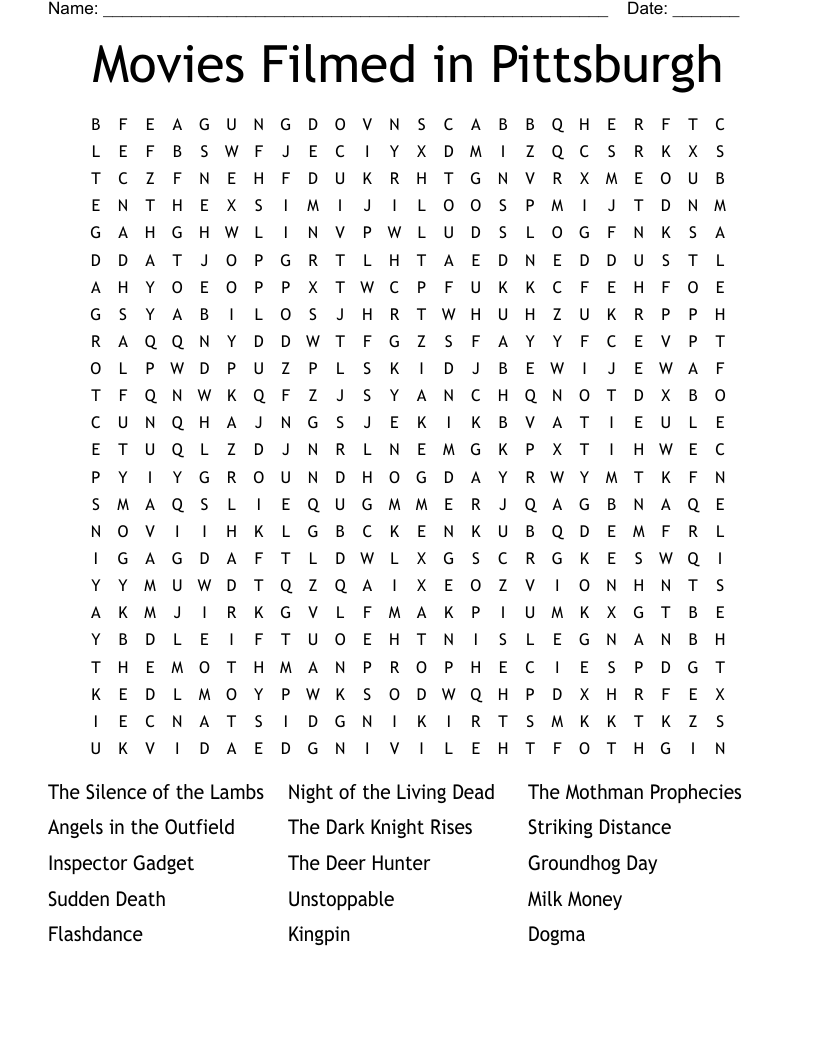 Movies Filmed in Pittsburgh Word Search