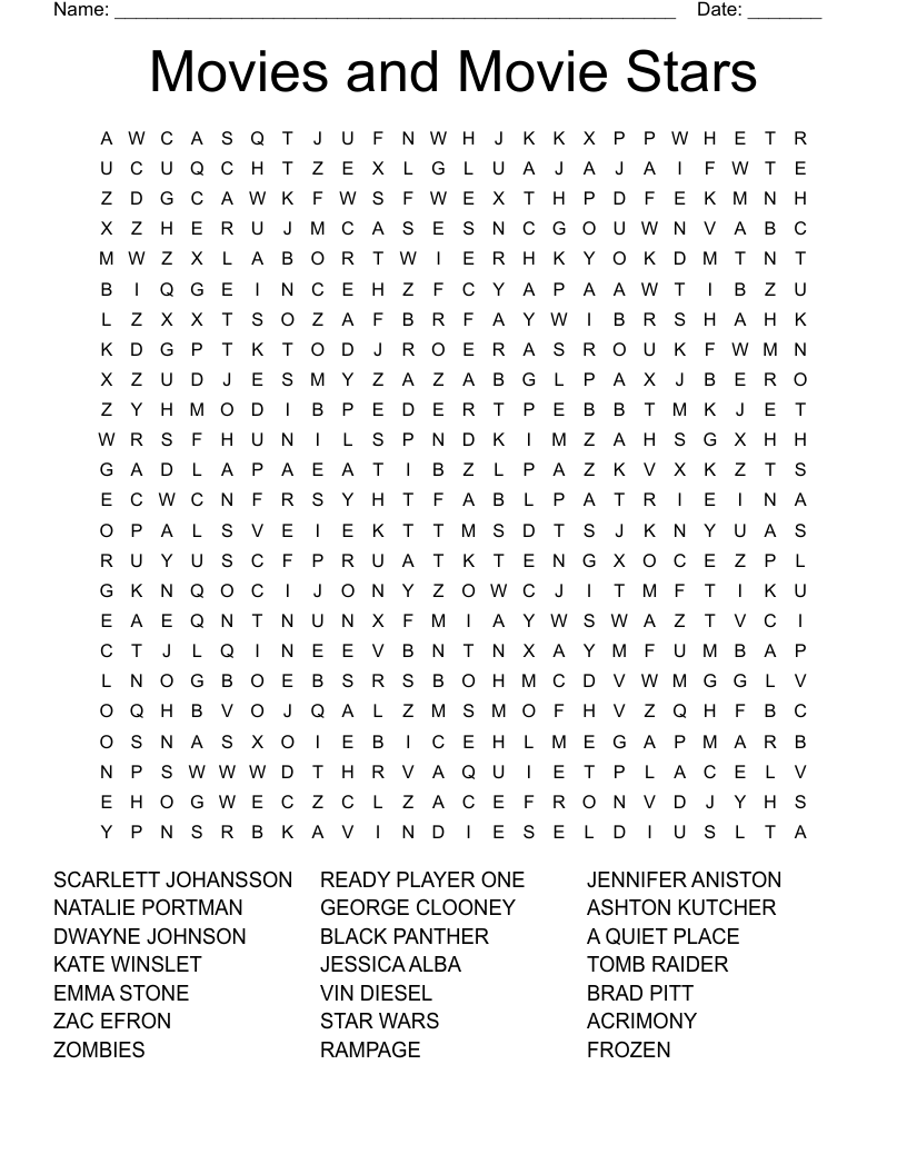 Movies and Movie Stars Word Search