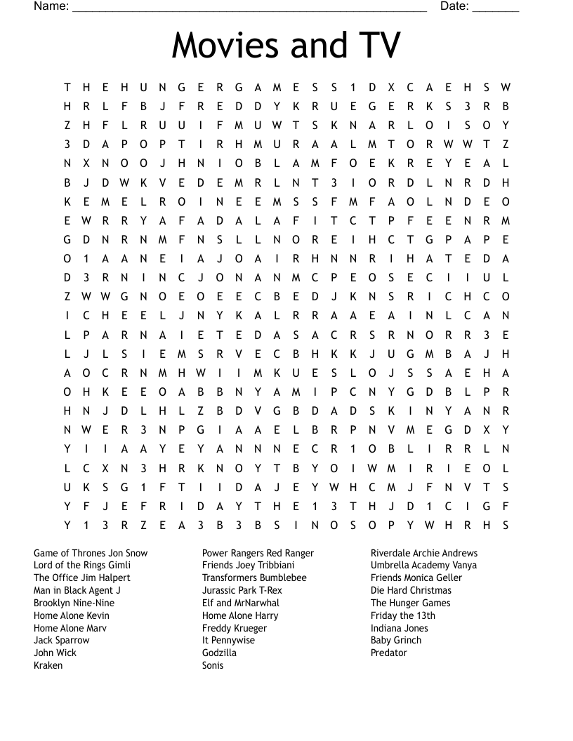 Movies and TV Word Search