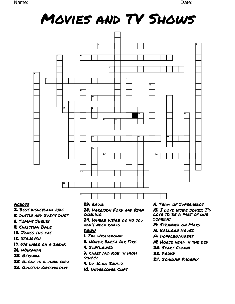 Movies and TV Shows Crossword