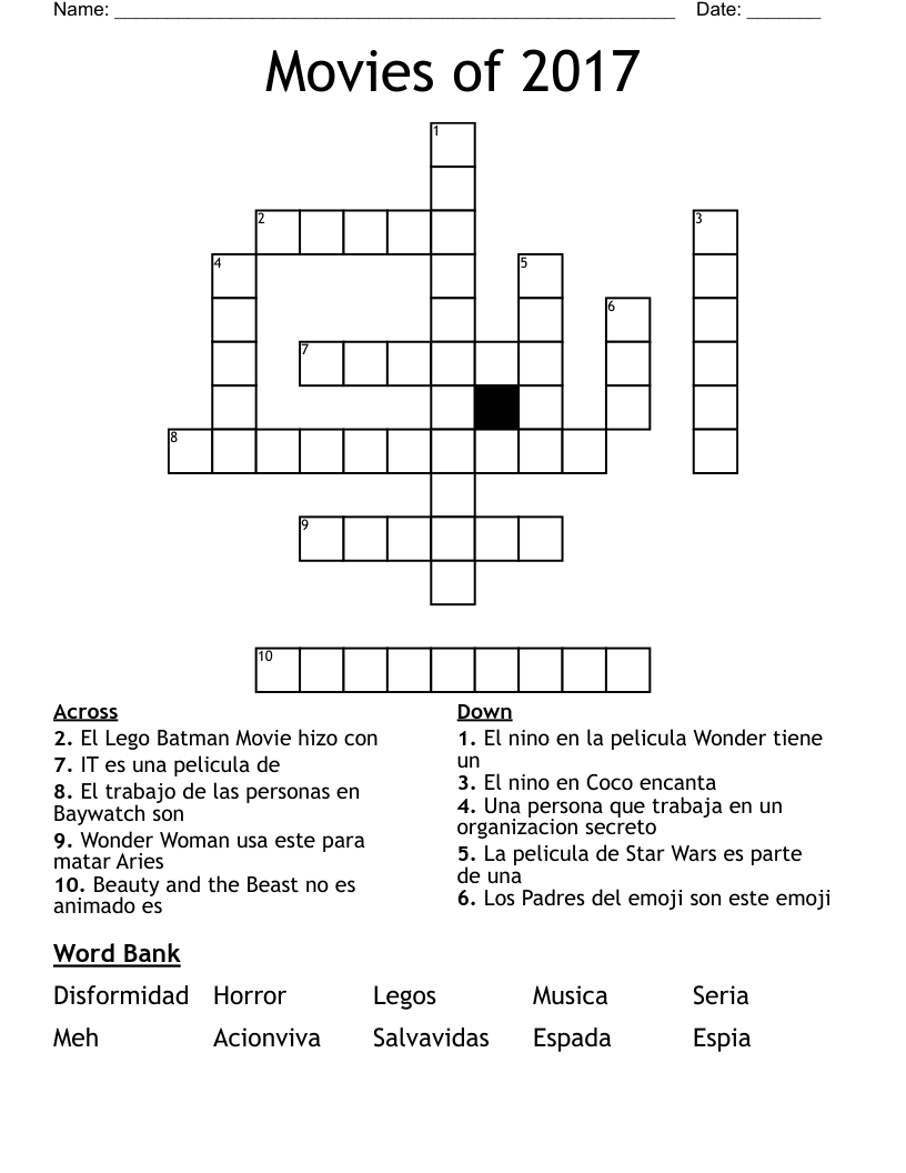 Movies of 2017 Crossword