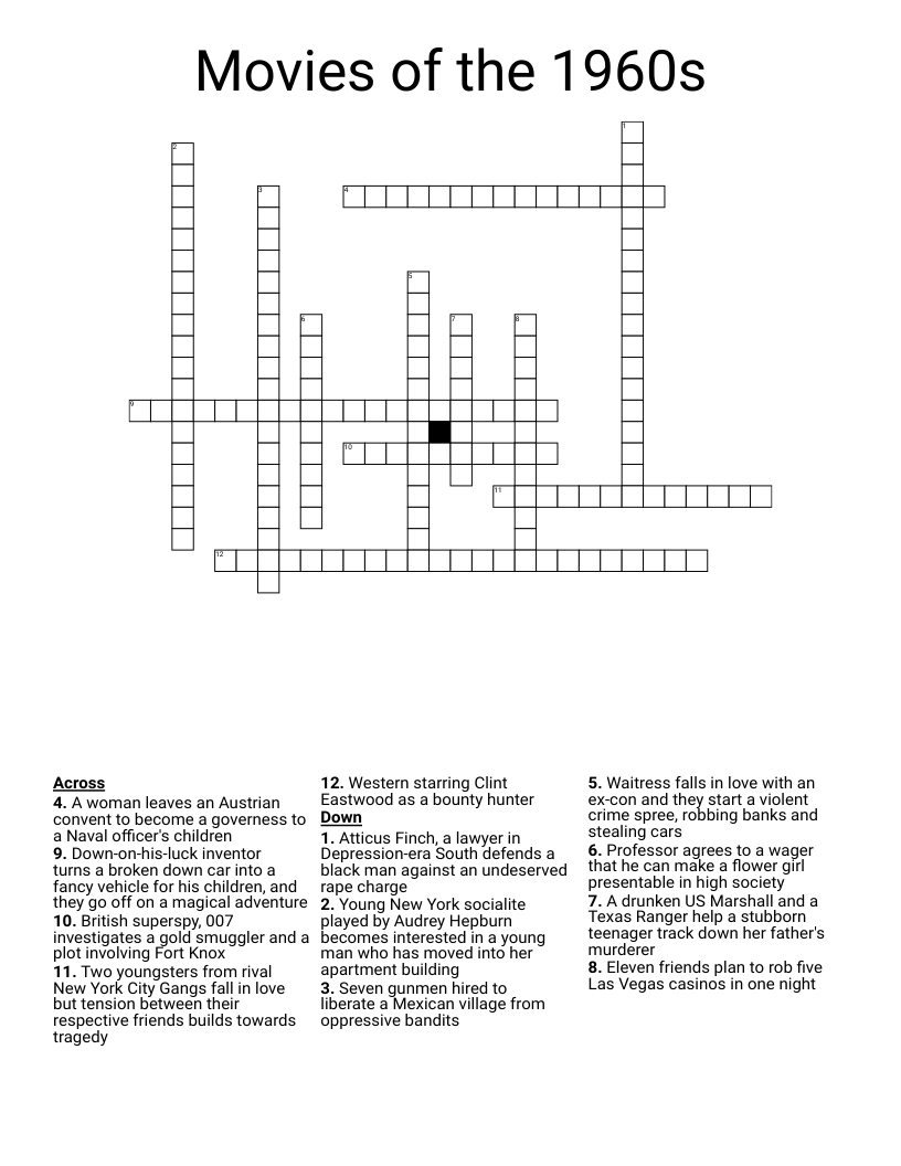 Movies of the 1960s Crossword