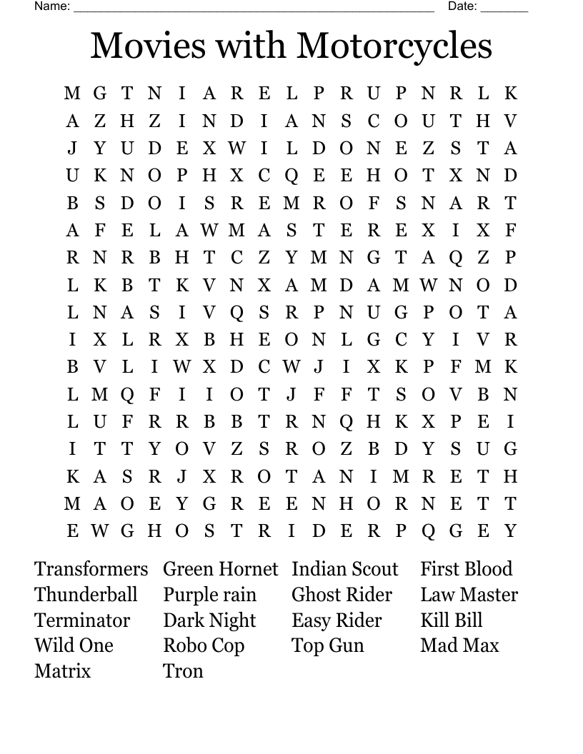 Movies with Motorcycles Word Search
