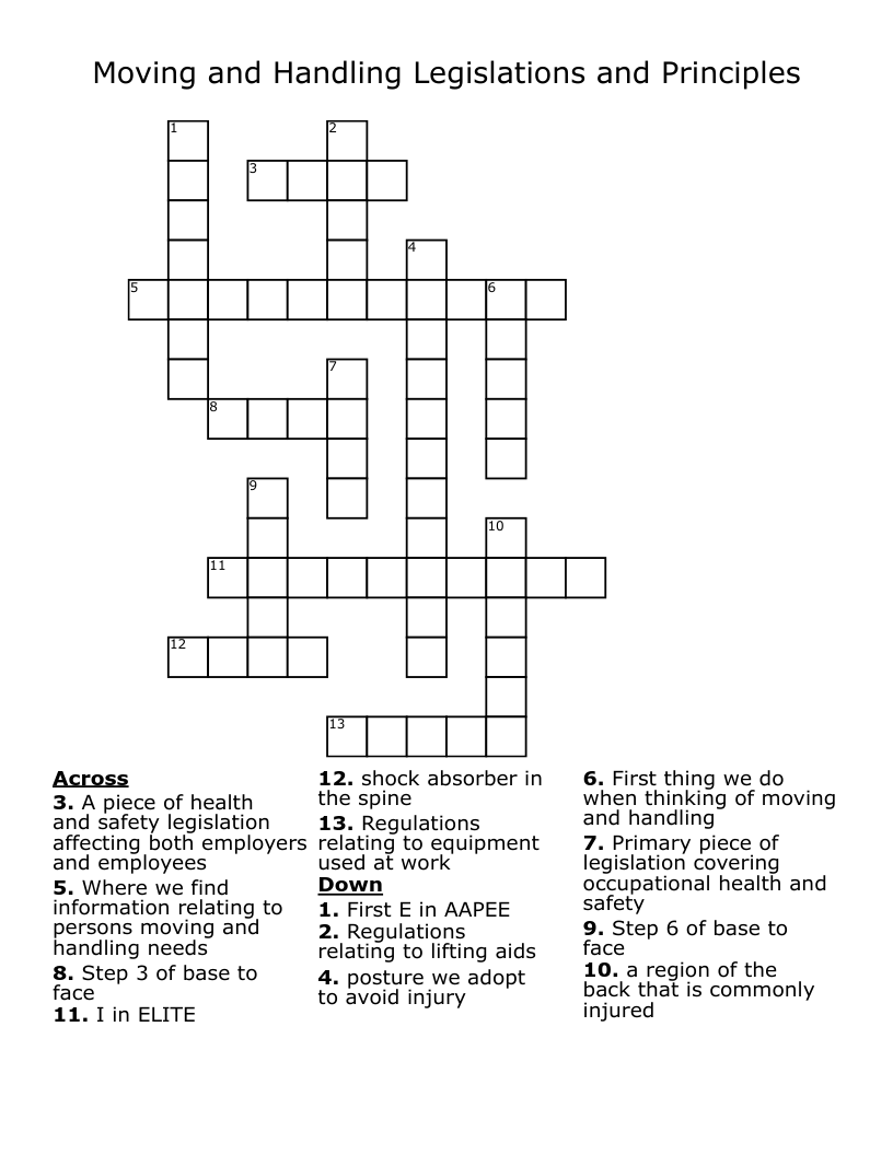 Moving and Handling Legislations and Principles Crossword