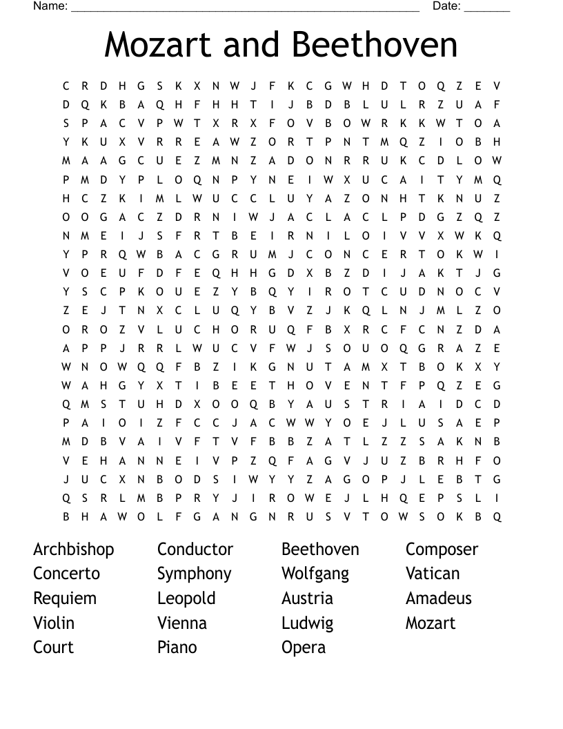 Mozart and Beethoven Word Search