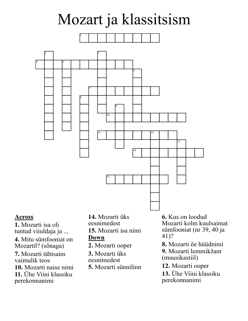 Mozart ja klassitsism Crossword