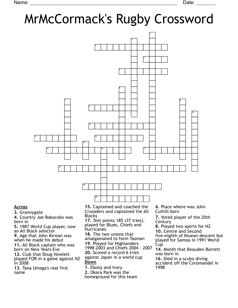 MrMcCormack's Rugby Crossword