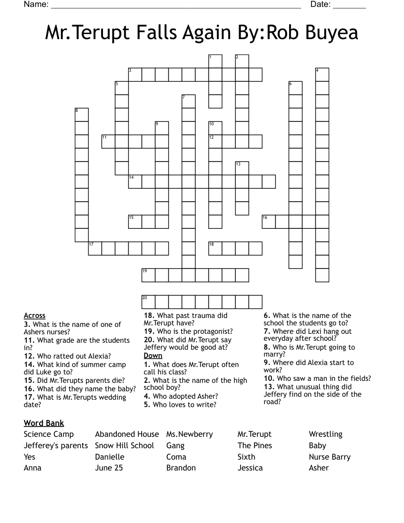 Mr.Terupt Falls Again  By:Rob Buyea Crossword