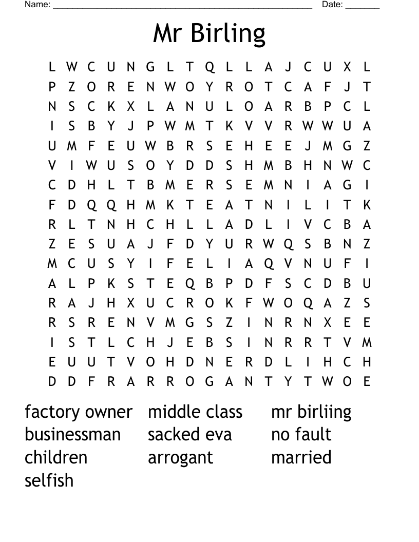 Mr Birling Word Search