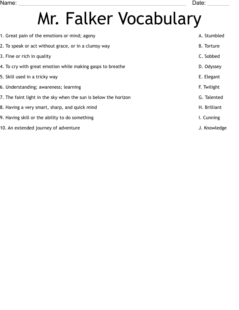 Mr. Falker Vocabulary Worksheet