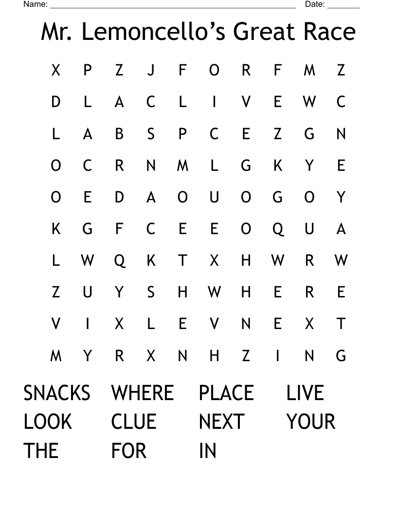 Mr. Lemoncello’s Great Race Word Search