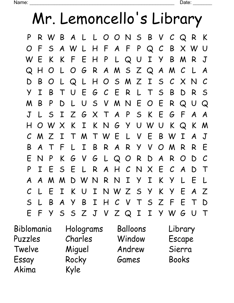 Mr. Lemoncello's Library Word Search