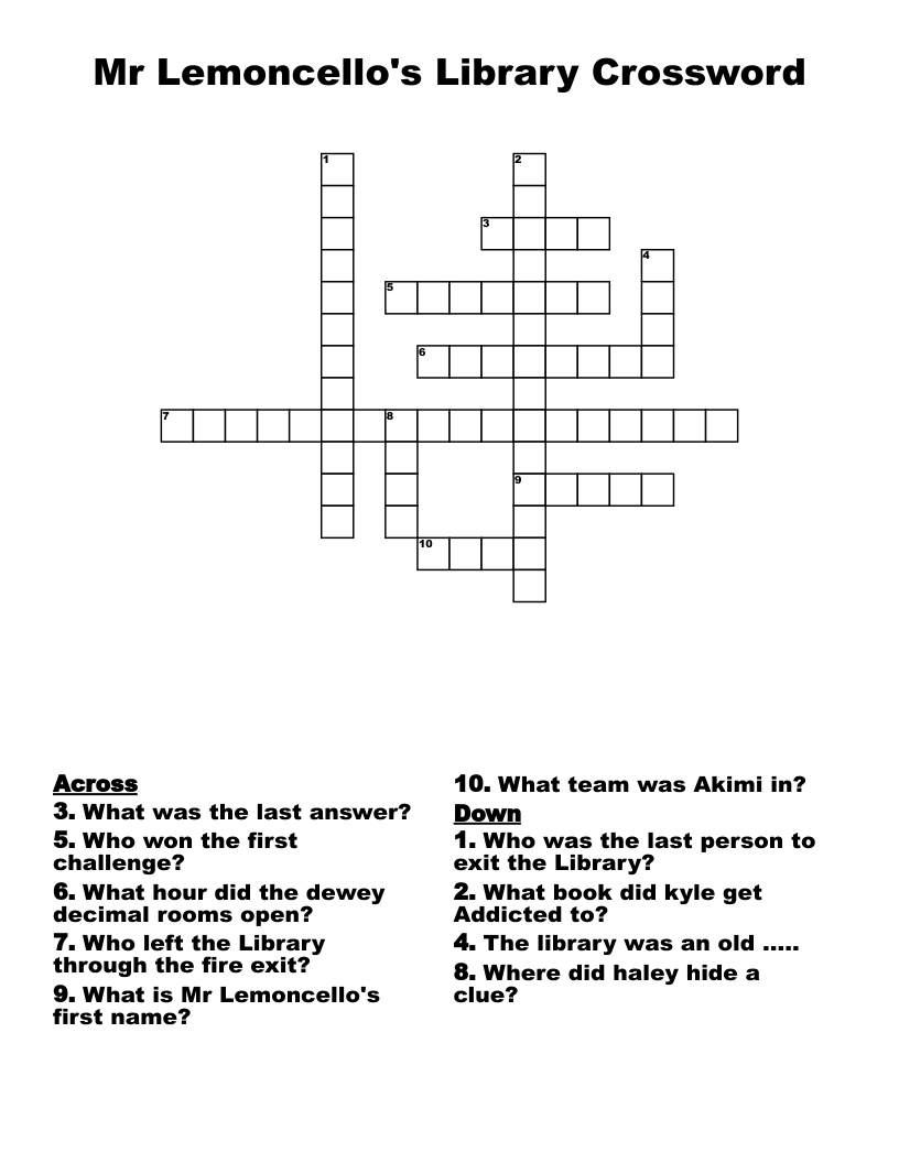 Mr Lemoncello's Library Crossword