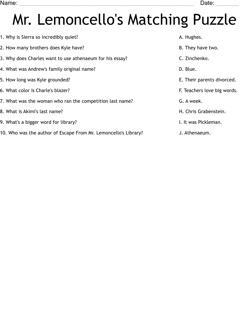 Mr. Lemoncello's Matching Puzzle Worksheet