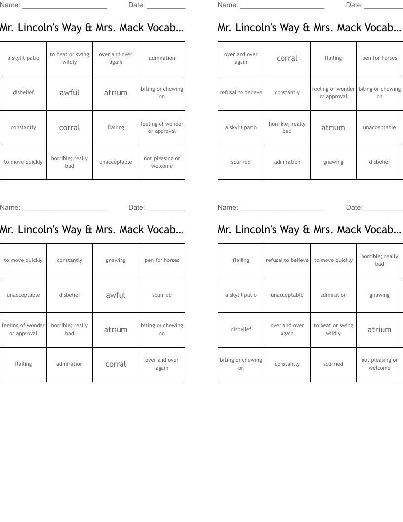 Mr. Lincoln's Way & Mrs. Mack Vocabulary Bingo Cards