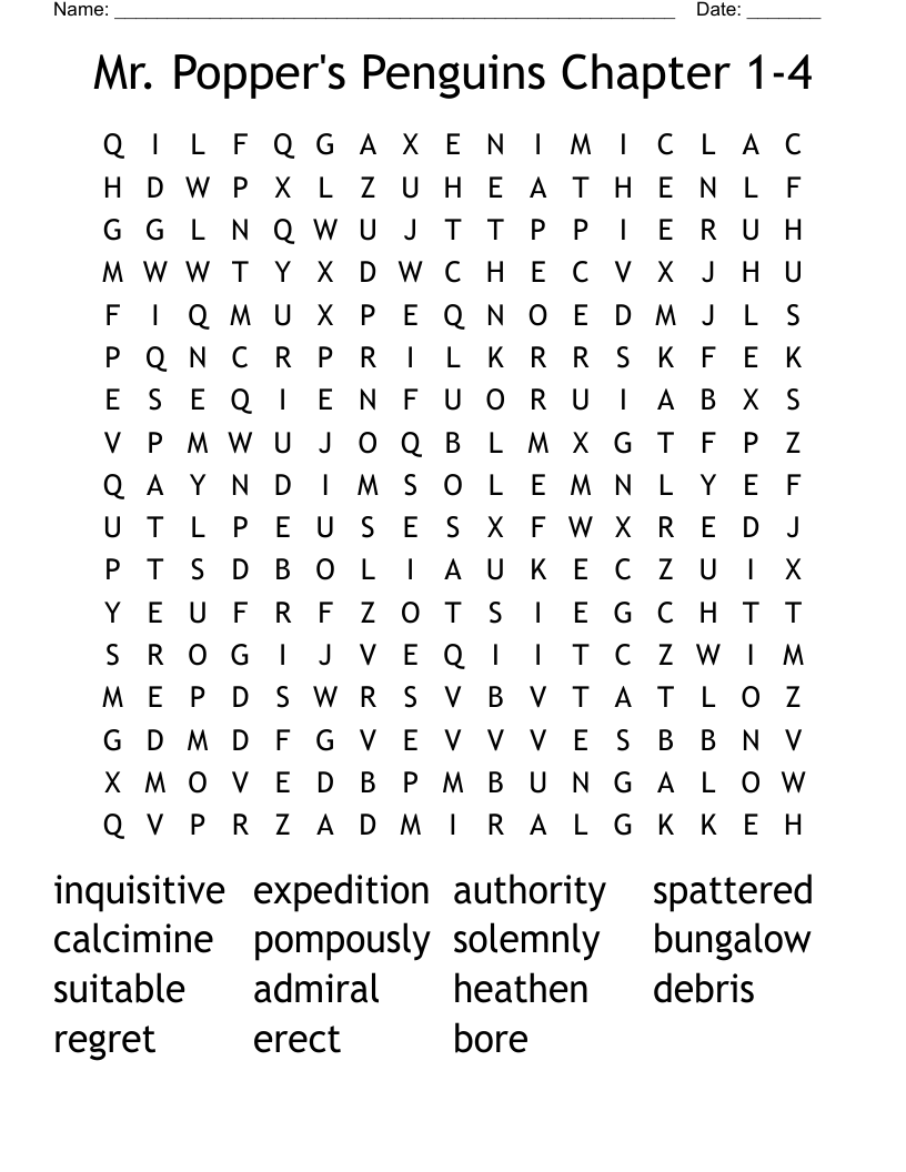 Mr. Popper's Penguins Chapter 1-4 Word Search