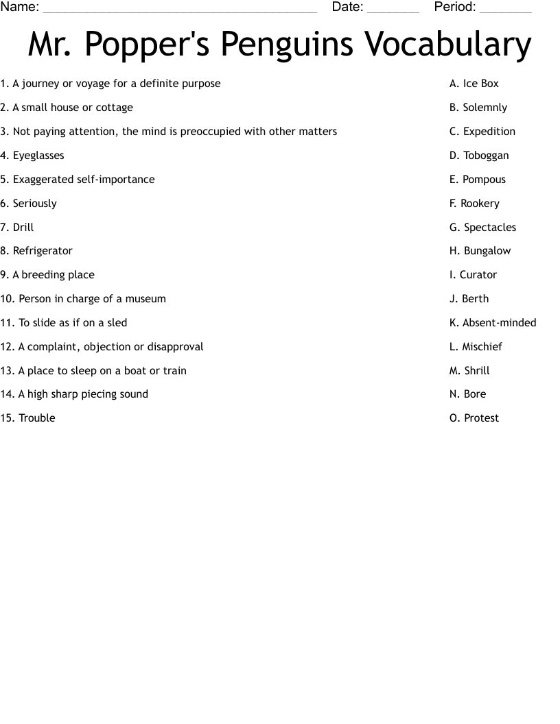 Mr. Popper's Penguins Vocabulary Worksheet