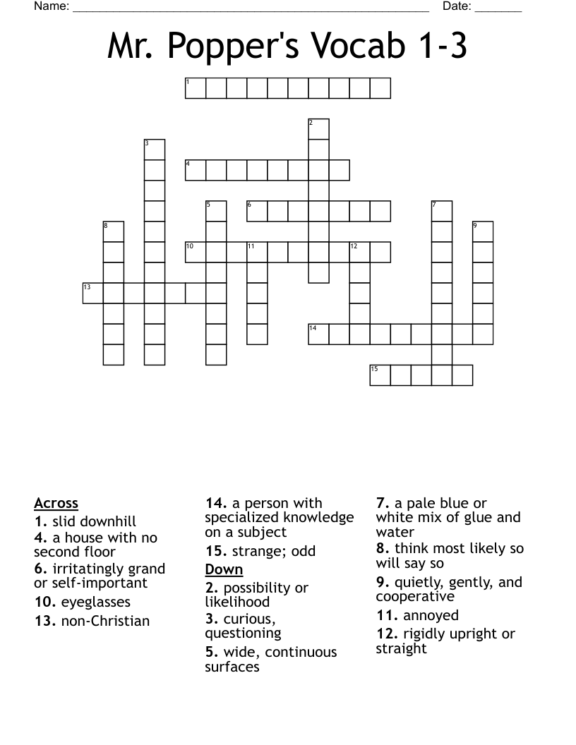 Mr. Popper's Vocab 1-3 Crossword