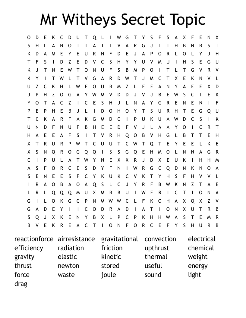 Mr Witheys Secret Topic Word Search