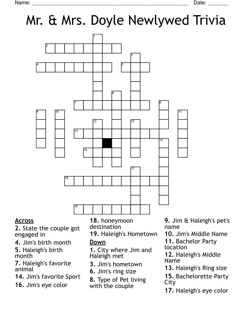 Mr. & Mrs. Doyle Newlywed Trivia Crossword