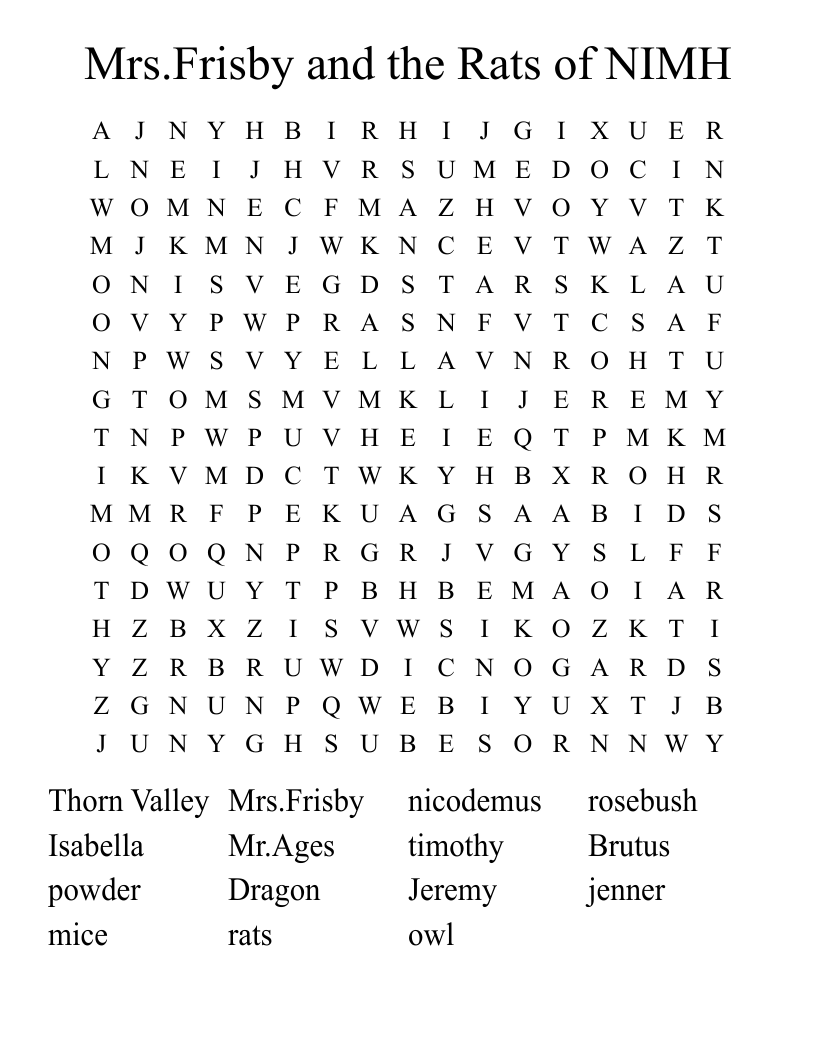 Mrs.Frisby and the Rats of NIMH Word Search