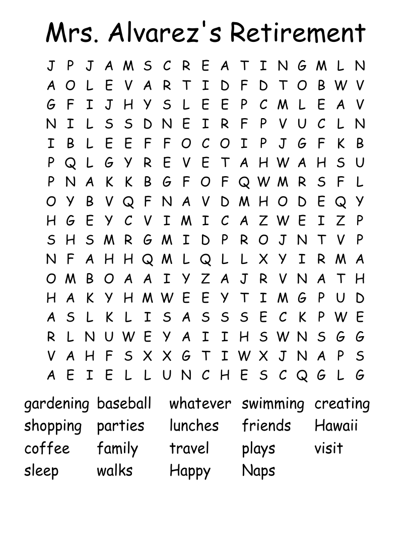 Mrs. Alvarez's Retirement Word Search