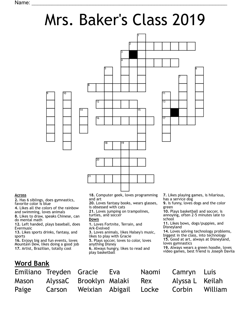 Mrs. Baker's Class 2019 Crossword