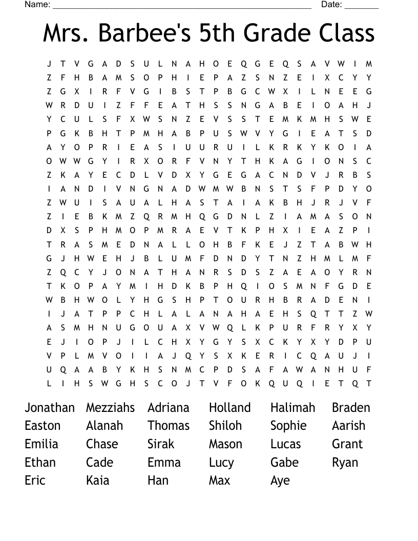 Mrs. Barbee's 5th Grade Class Word Search