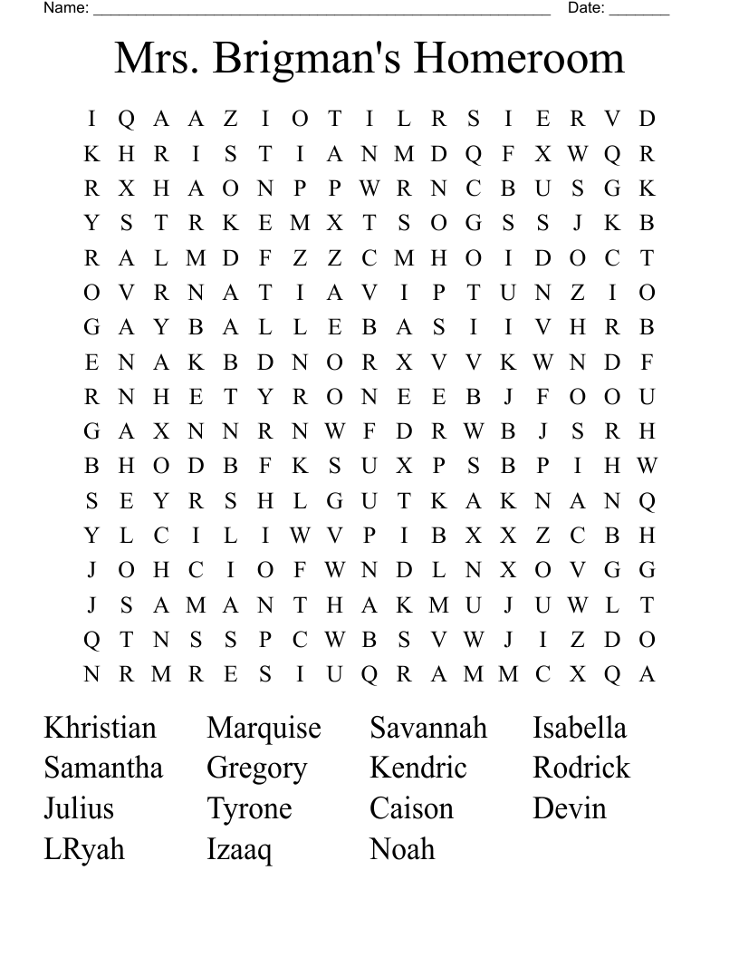 Mrs. Brigman's Homeroom Word Search
