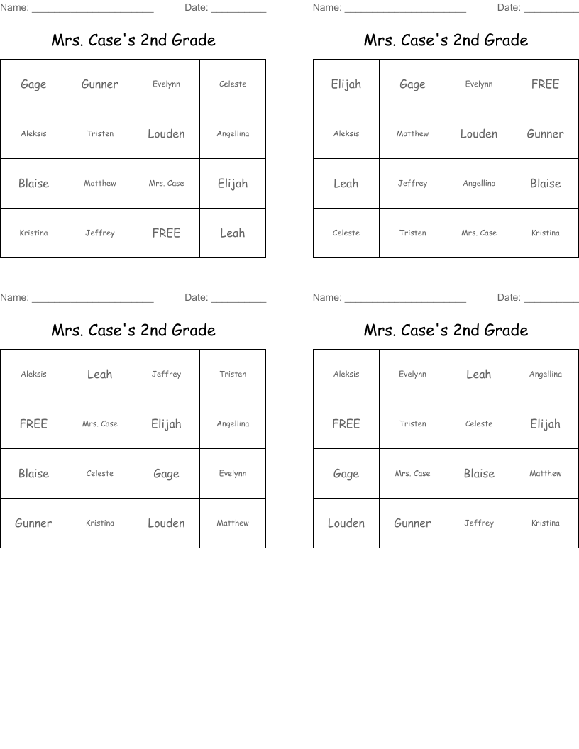 Mrs. Case's 2nd Grade Bingo Cards